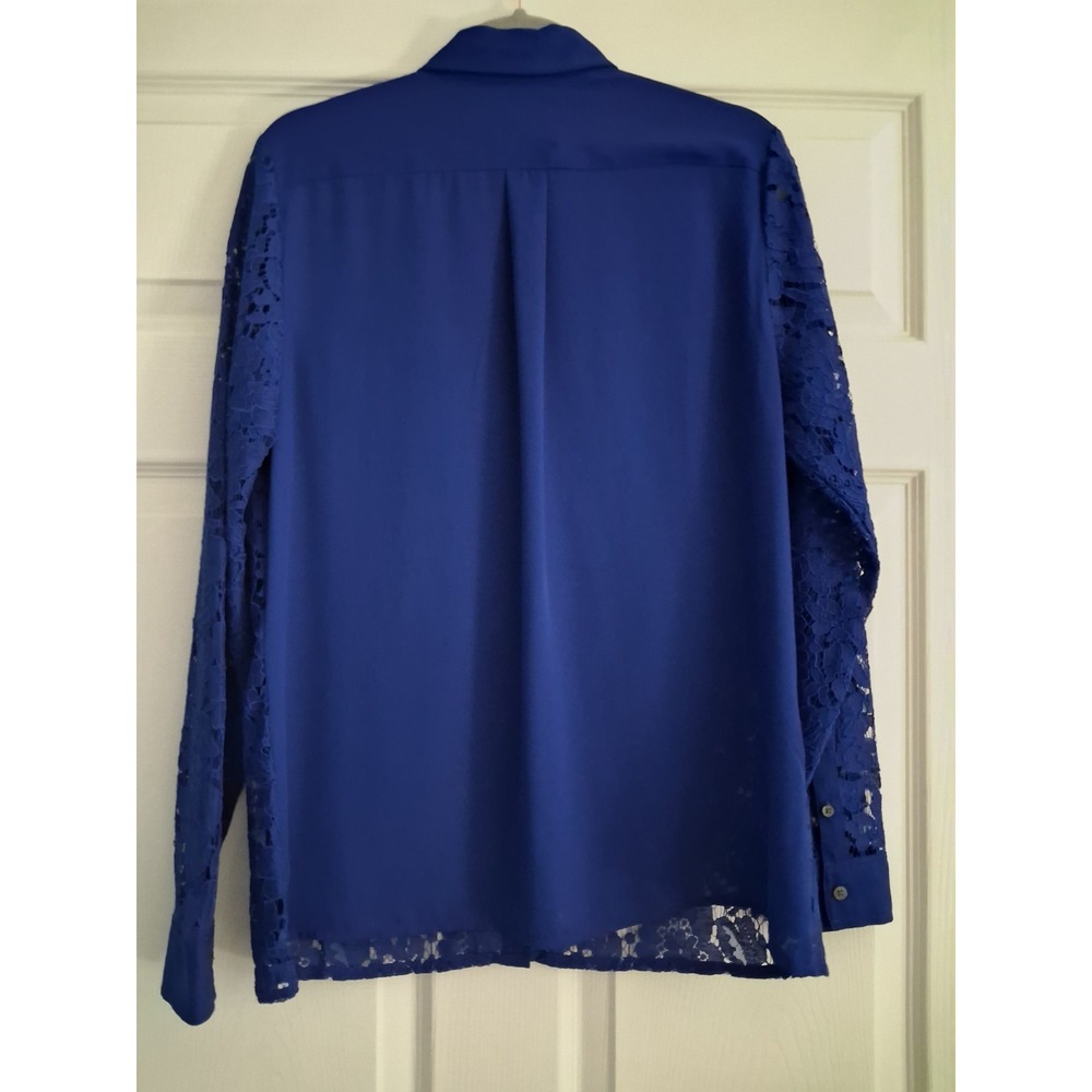 Banana Republic M Cobalt Blue Floral Lace Button Down Blouse Military Sheer - Picture 9 of 12